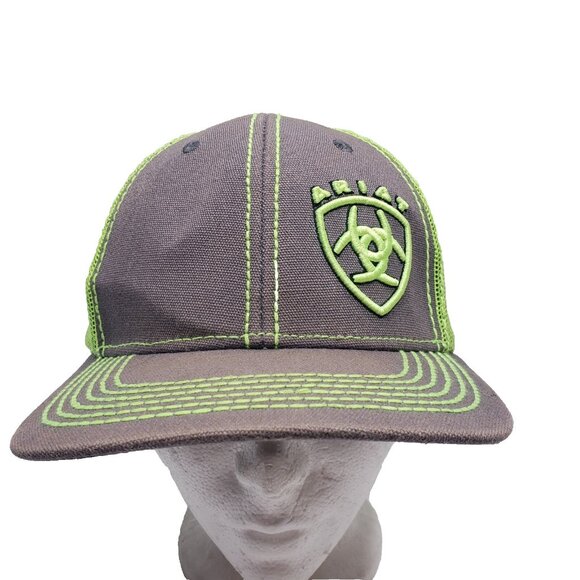 Ariat Snap Back Mesh Back Hat Adjustable Embroidered Logo Green Gray - Picture 1 of 16